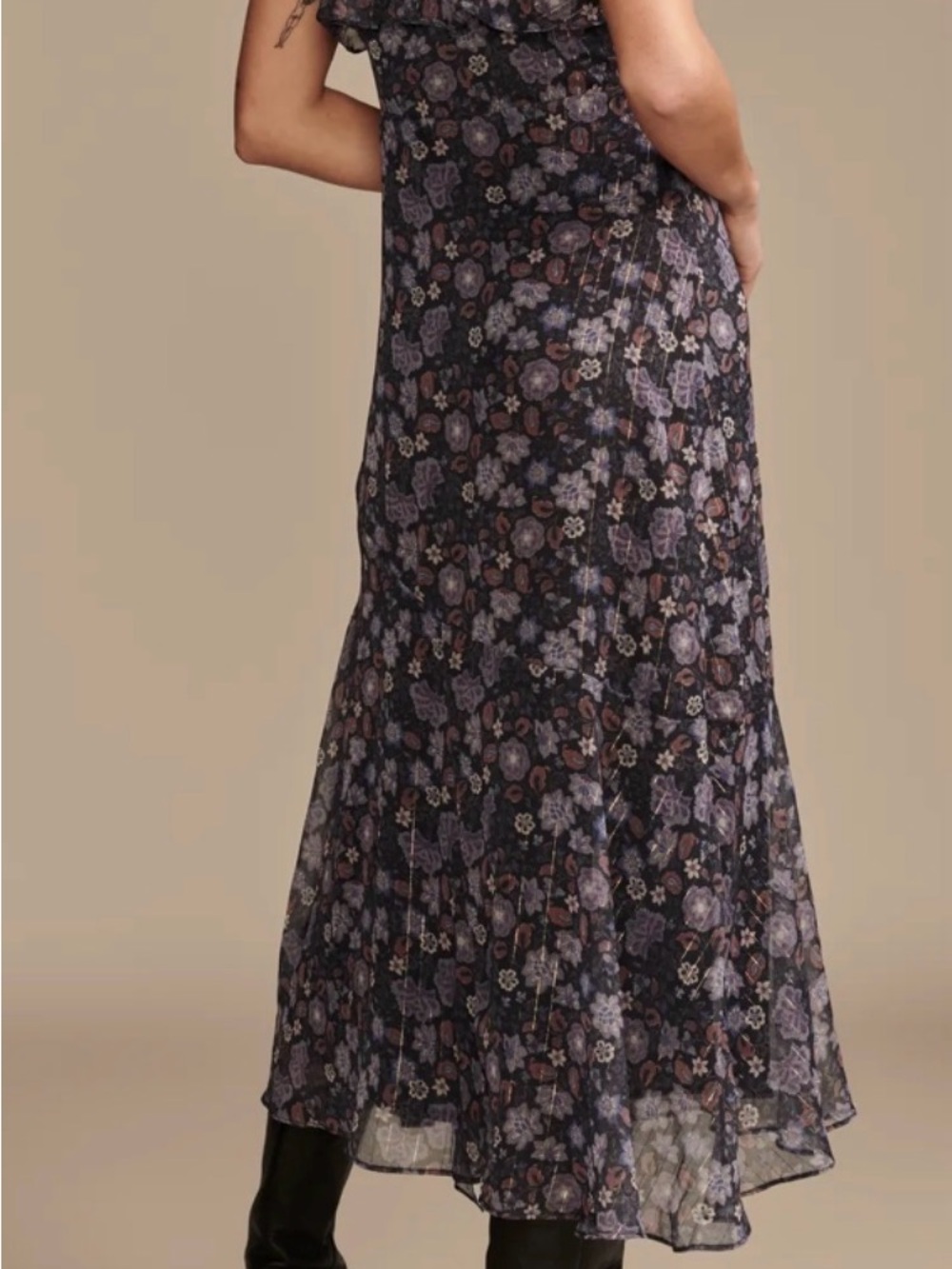 Lucky Brand Black Floral Tiered Maxi Dress with Purple Accents